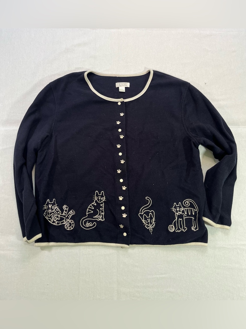 Christopher & Banks Navy Blue Button Up Cardigan with Cream Cat Embroidery
